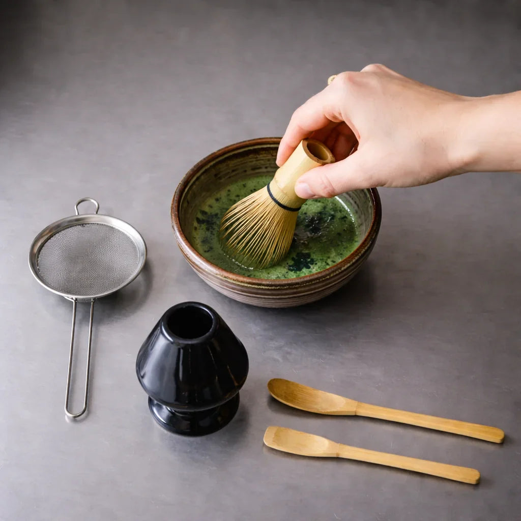 Making matcha with a traditional bamboo whisk set from Popcha