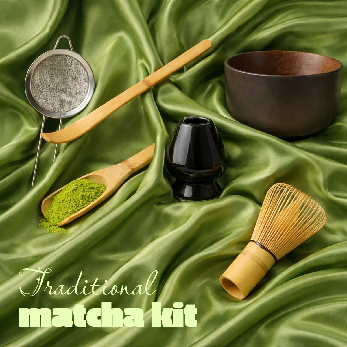 Popcha matcha set: bamboo whisk, scoop, sifter, whisk holder and bowl