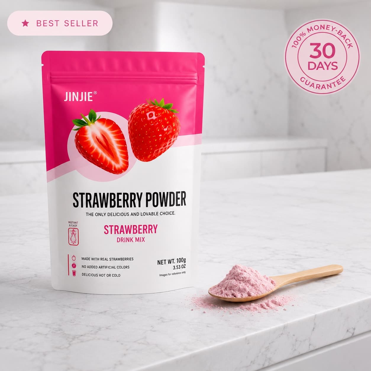 The 100g strawberry powder pouch on a marble counter beside a wooden spoon of pink powder, with a 30-day money-back badge