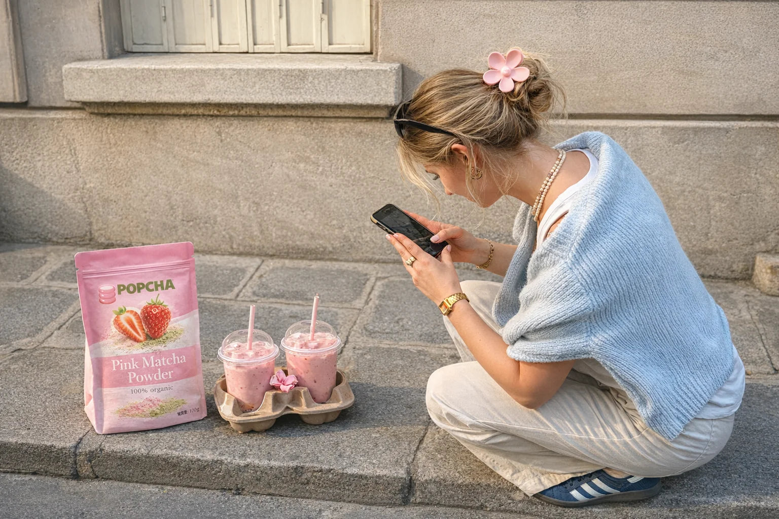 Popcha pink matcha latte in a glass with fresh strawberries and matcha powder