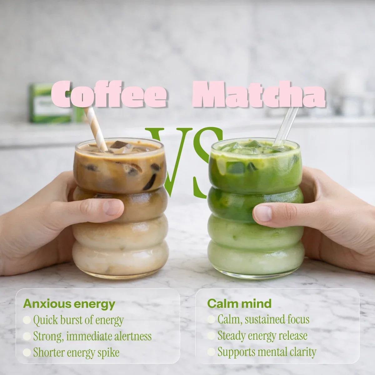 Matcha powder vs coffee comparison with benefits