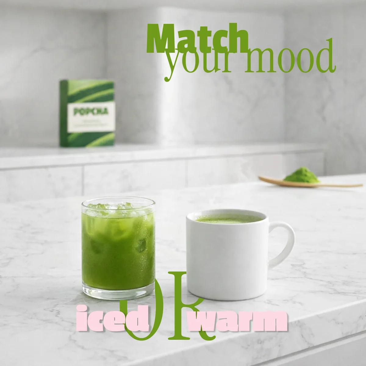 Iced matcha in a glass againts warm matcha in a cup