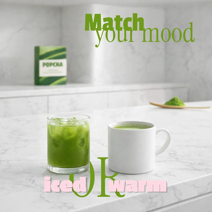 Iced matcha in a glass againts warm matcha in a cup