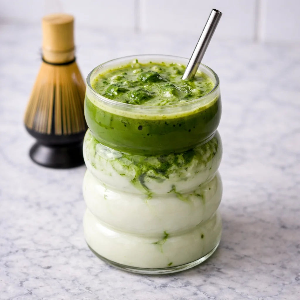 Iced matcha latte with milk layers in a glass cup with metal straw