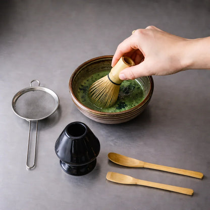Making matcha with a traditional bamboo whisk set from Popcha