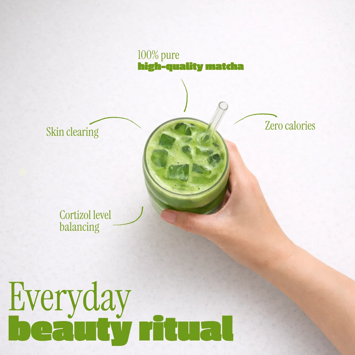 Matcha powder health benefits including skin clearing and cortizol
