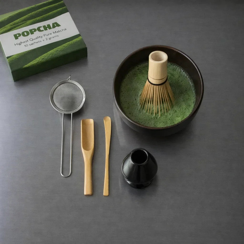 Making matcha at home with a traditional bamboo whisk set