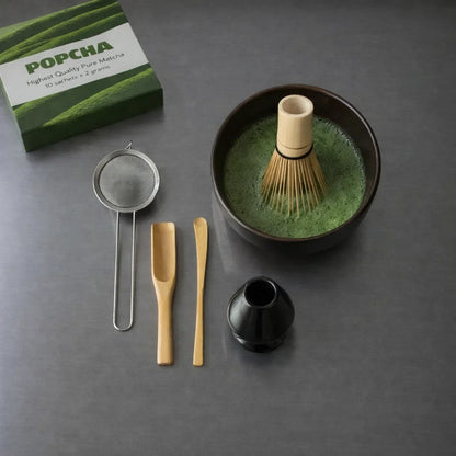 Making matcha at home with a traditional bamboo whisk set