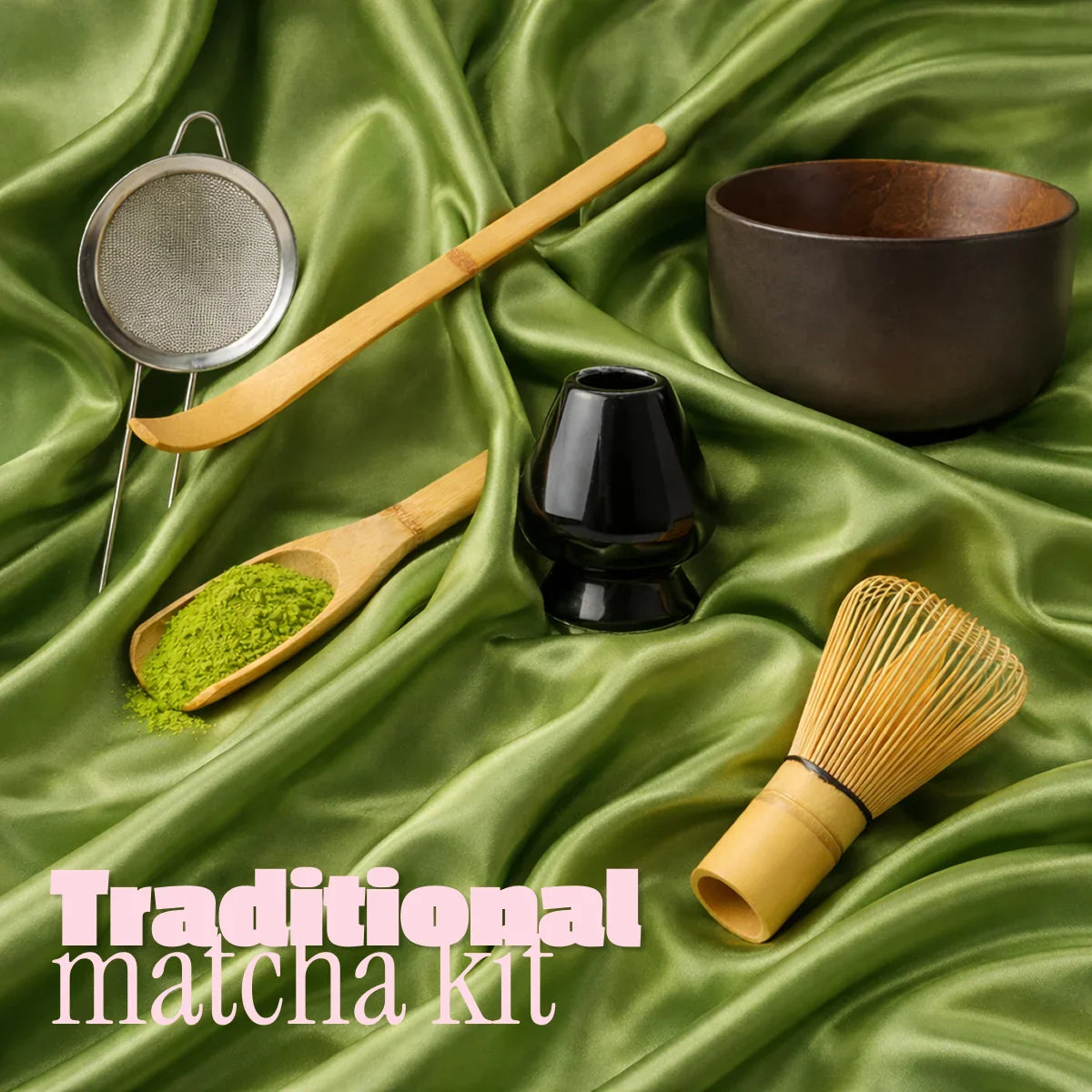 Popcha matcha kit with bamboo whisk, ceramic bowl, sifter and spoon