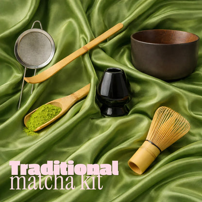Popcha matcha kit with bamboo whisk, ceramic bowl, sifter and spoon