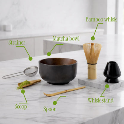 Matcha kit - bamboo chasen whisk, chawan bowl, and sifter with names