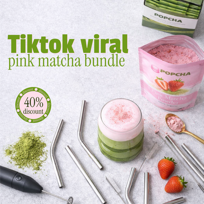 TikTok viral pink matcha bundle with 40% discount — matcha powder, pink matcha, frother and straws
