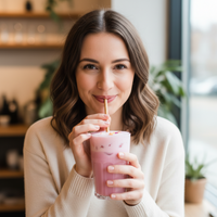 Generate A Facebook Profile Picture Of A Women Drinking Pink Matcha
