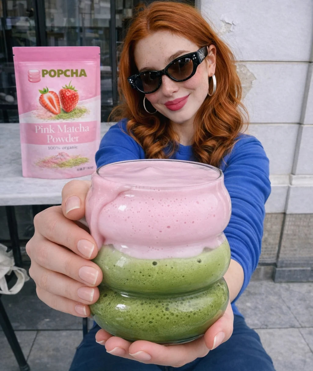 Woman enjoying Popcha matcha latte