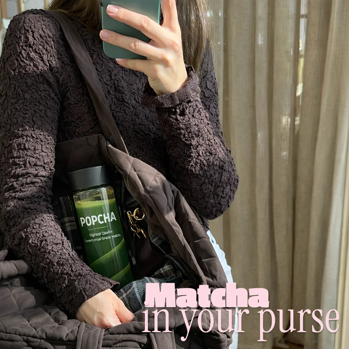 Person With Popcha Matcha Bottle in a Bag