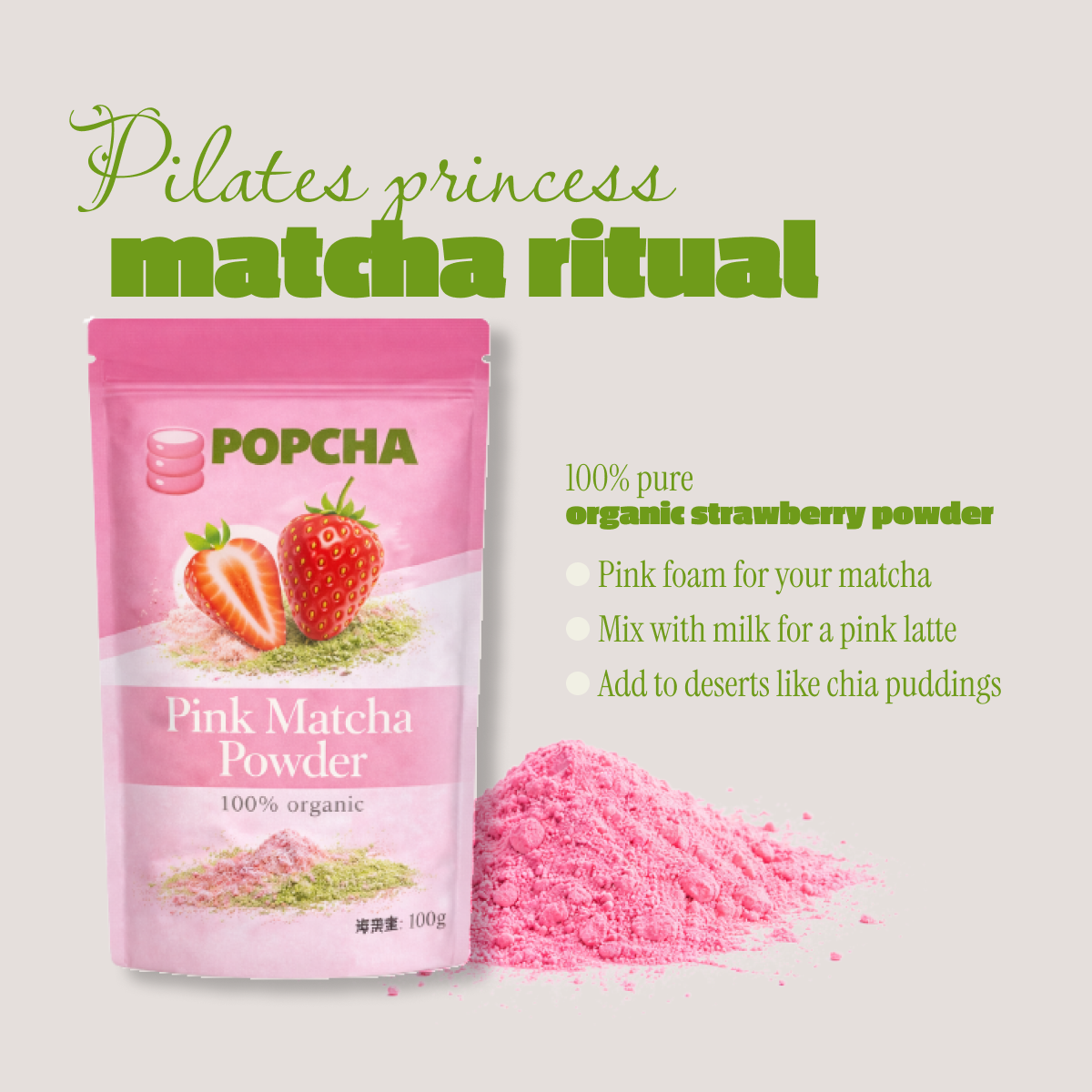 Popcha organic pink matcha powder bag with strawberry flavor